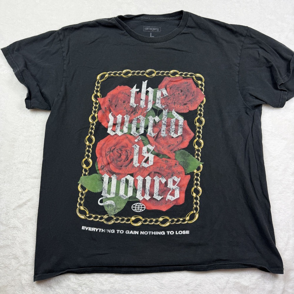 Samegang The World Is Yours Rose Chain Graphic Black T Shirt Large